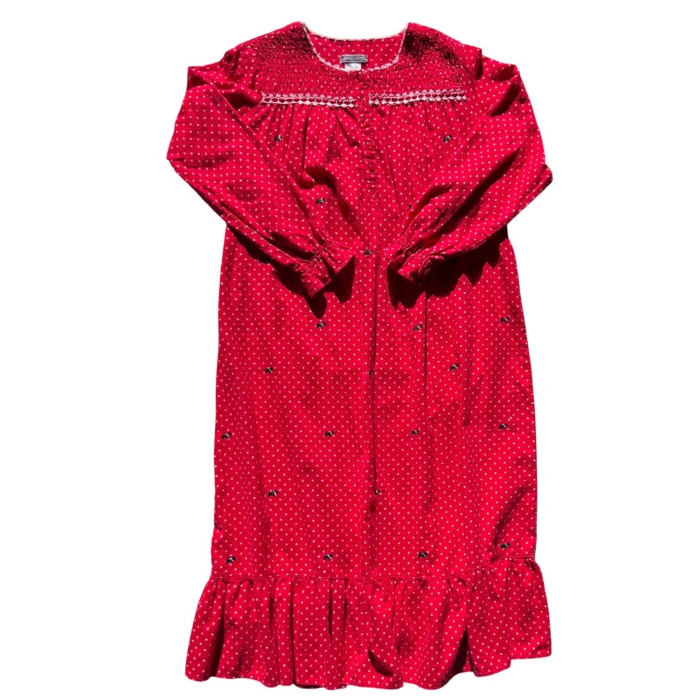Laura Scott Red Polka Dot Scottie Dog Flannel Nightgown Lace Trim Long Sleeve L